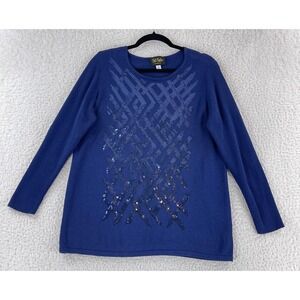 Bob Mackie Blue Sequin Front Pullover Sweater Womens Long Sleeve‎ Size Medium